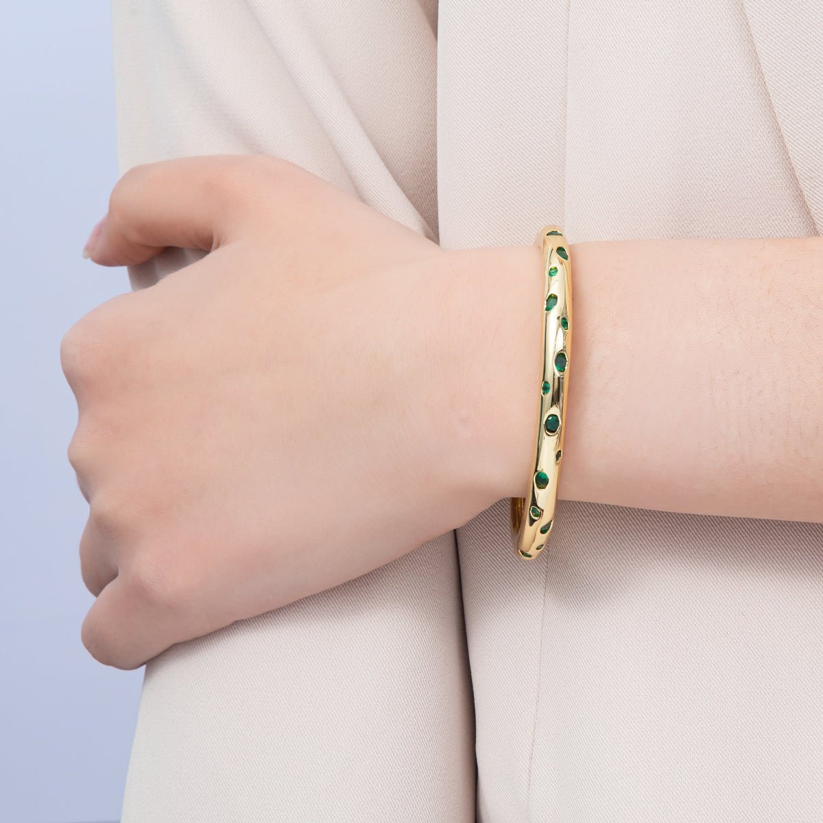 16K Gold Filled Multicolor, Green Dotted CZ Cuff Bracelet | WA - 04118 WA - 04119 - DLUXCA