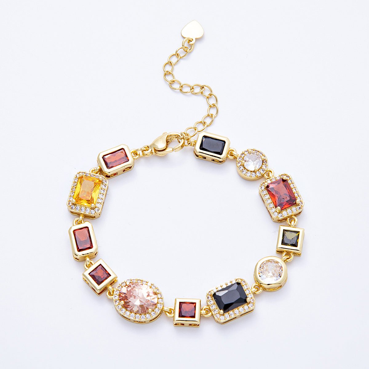 16K Gold Filled Multicolor Round Baguette CZ Micro Paved 6.5 Inch Bracelet w. Extender | WA - 04146 - DLUXCA