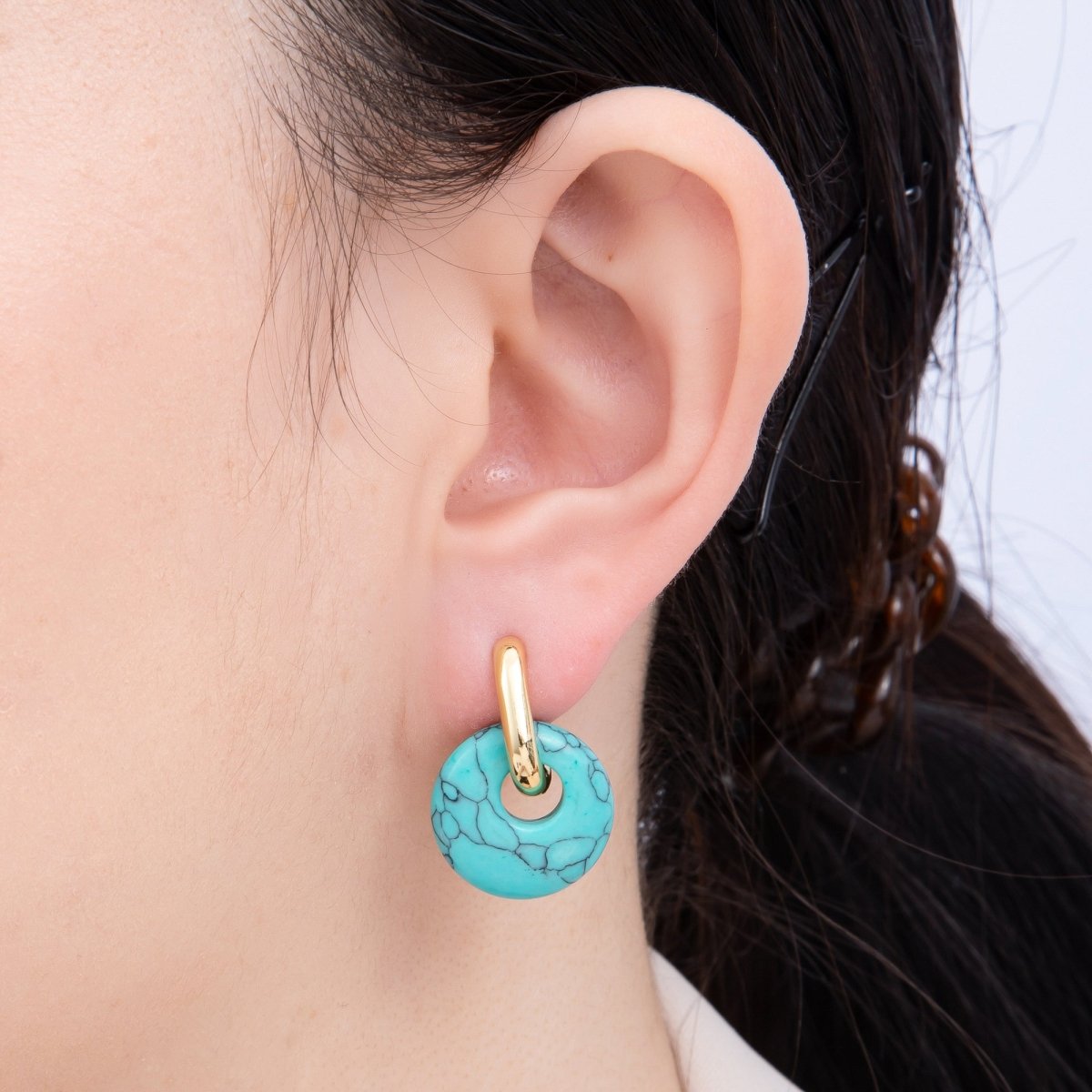 16K Gold Filled Natural Gemstone Donut Drop Oblong Hoop Earrings | EARRINGS - 00245 ~ EARRINGS - 00247 - DLUXCA