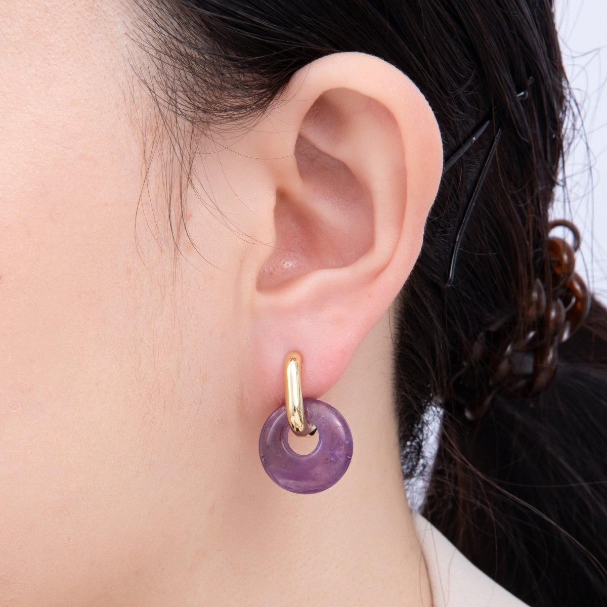 16K Gold Filled Natural Gemstone Donut Drop Oblong Hoop Earrings | EARRINGS - 00245 ~ EARRINGS - 00247 - DLUXCA