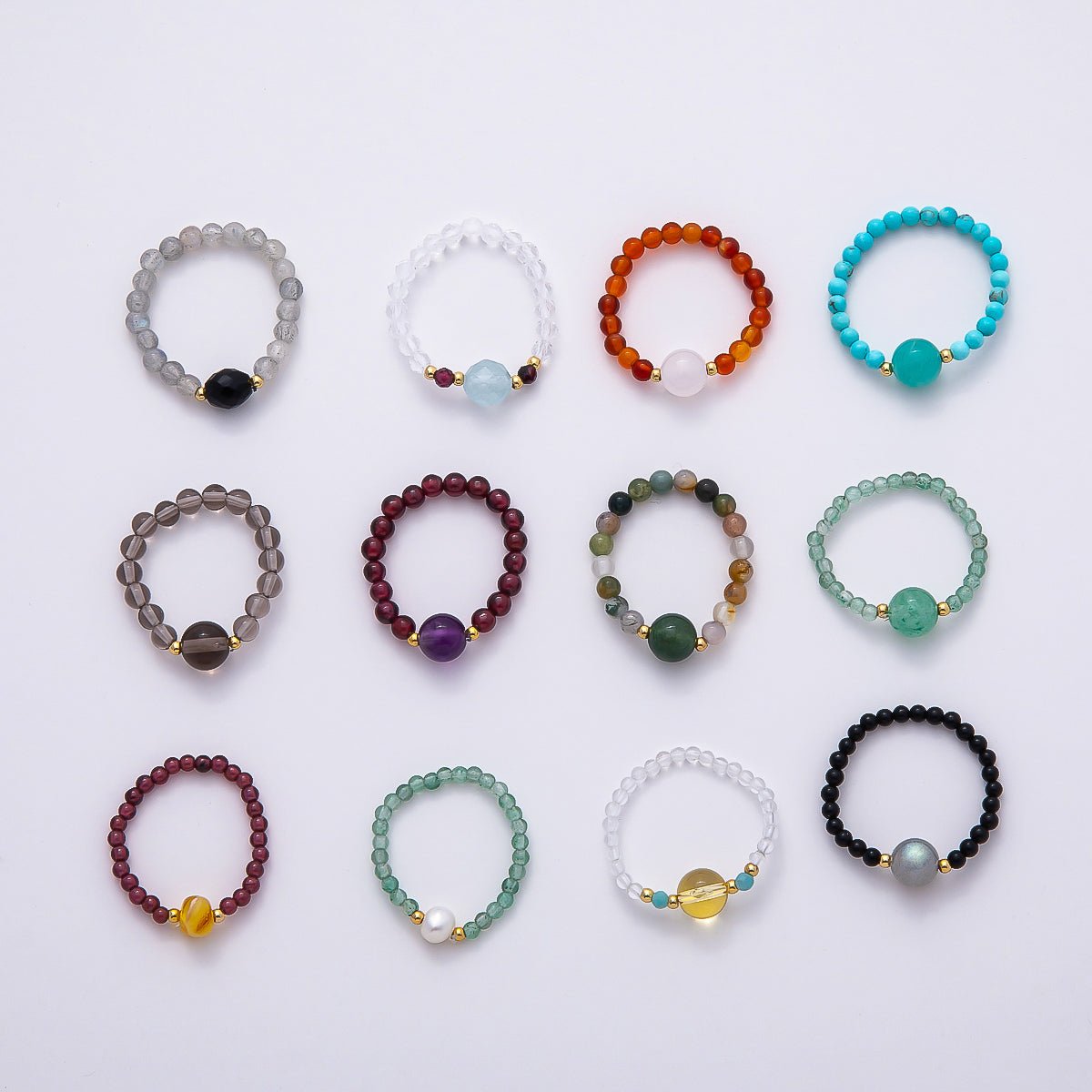 16K Gold Filled Natural Gemstone Round Beaded Elastic Stretch Ring | Rings - 00096 ~ Rings - 00107 - DLUXCA