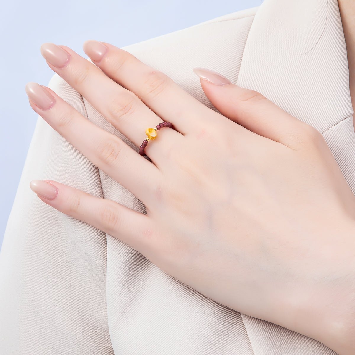 16K Gold Filled Natural Gemstone Round Beaded Elastic Stretch Ring | Rings - 00096 ~ Rings - 00107 - DLUXCA