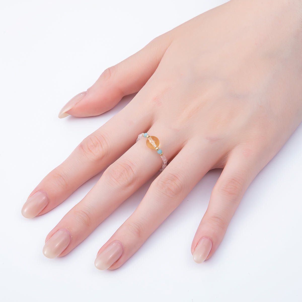 16K Gold Filled Natural Gemstone Round Beaded Elastic Stretch Ring | Rings - 00096 ~ Rings - 00107 - DLUXCA