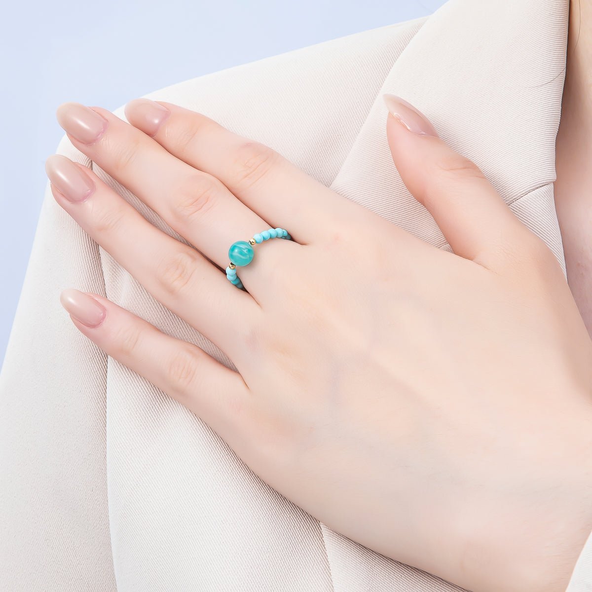 16K Gold Filled Natural Gemstone Round Beaded Elastic Stretch Ring | Rings - 00096 ~ Rings - 00107 - DLUXCA
