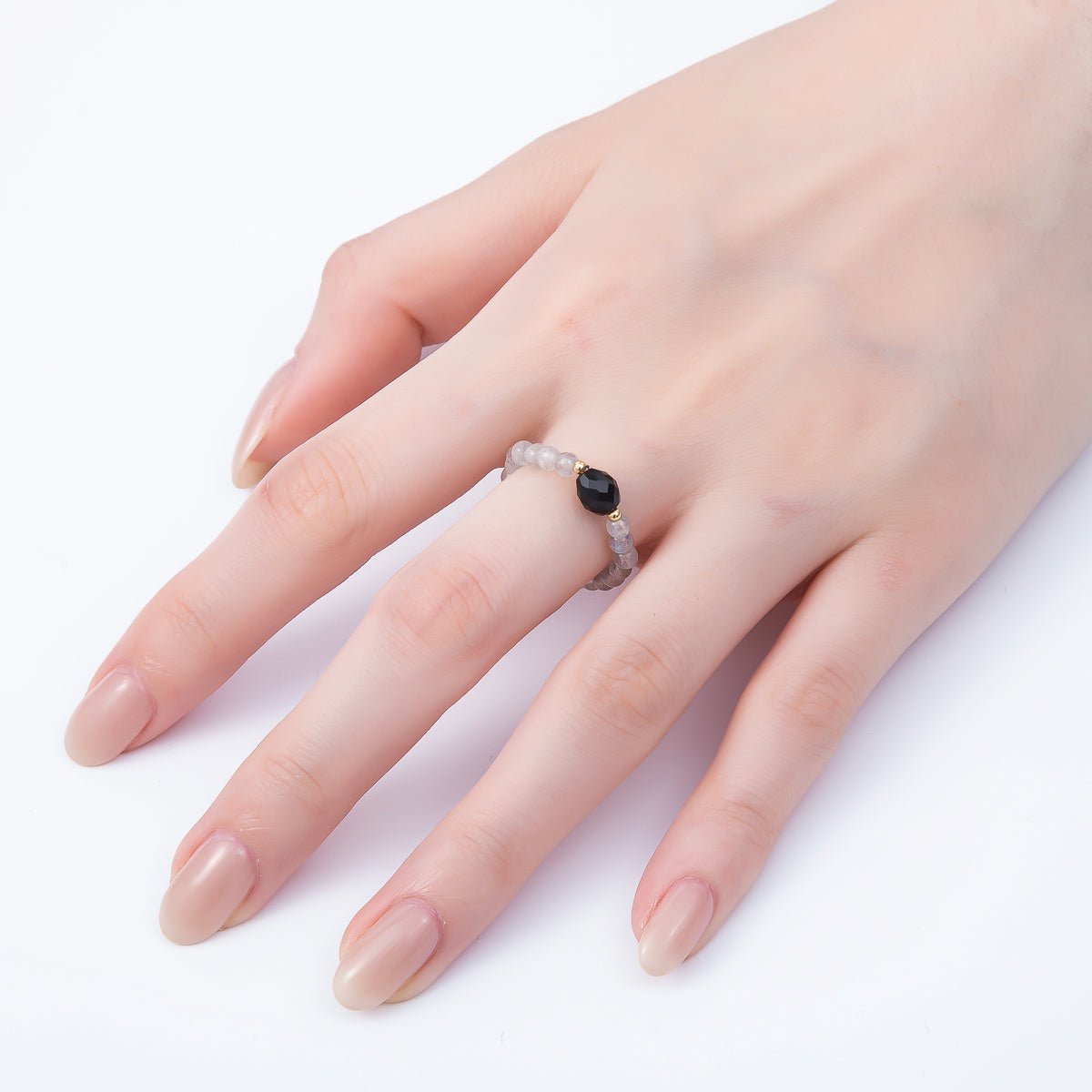 16K Gold Filled Natural Gemstone Round Beaded Elastic Stretch Ring | Rings - 00096 ~ Rings - 00107 - DLUXCA