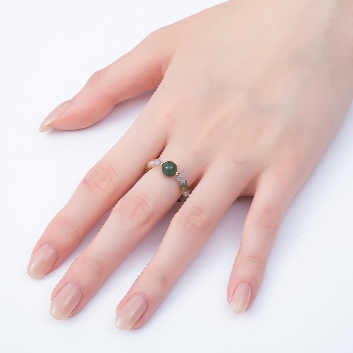16K Gold Filled Natural Gemstone Round Beaded Elastic Stretch Ring | Rings - 00096 ~ Rings - 00107 - DLUXCA