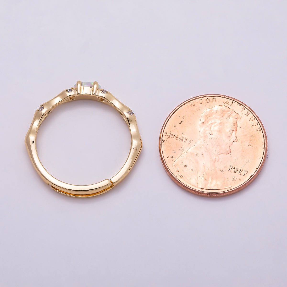 16K Gold Filled Opal Micro Paved CZ Bamboo Adjustable Ring | Rings-00140 - DLUXCA