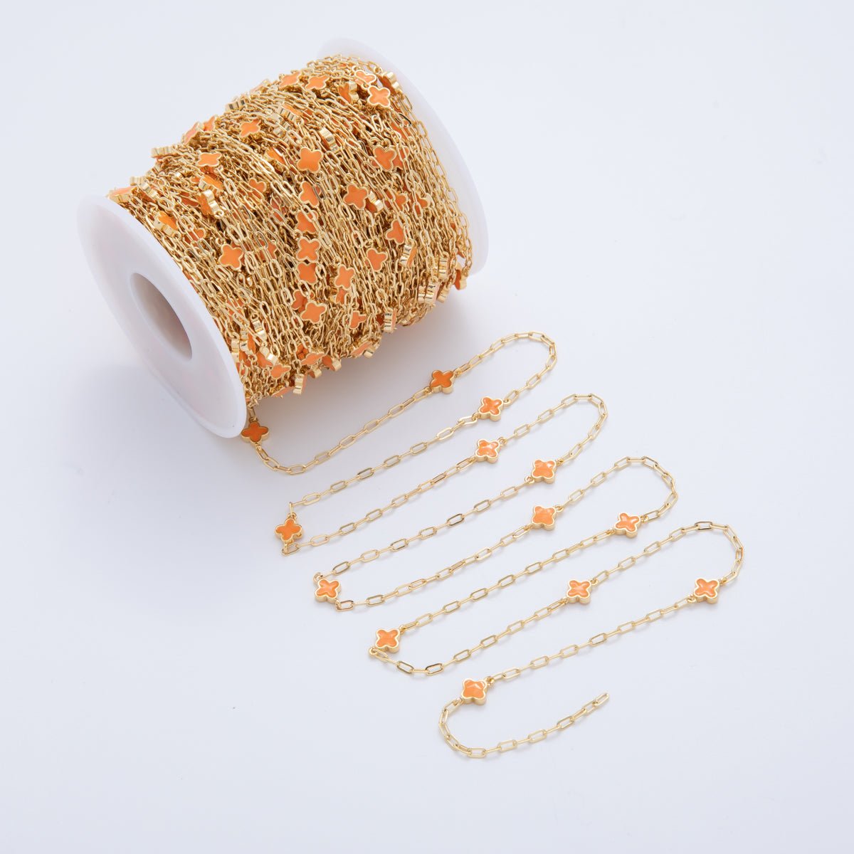 16K Gold Filled Orange Quatrefoil Enamel Paperclip Unfinished Chain by Yard | Roll - 1594 - DLUXCA