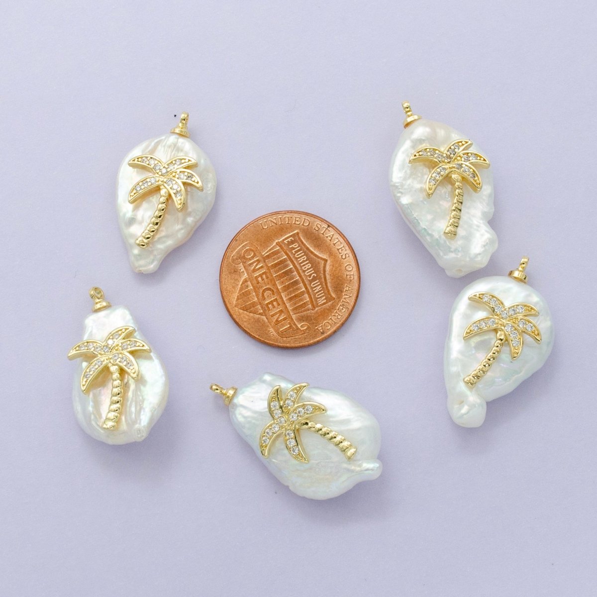 16K Gold Filled Palm Tree Micro Paved CZ Freshwater Pearl Charm | AC1331 P1561 - DLUXCA