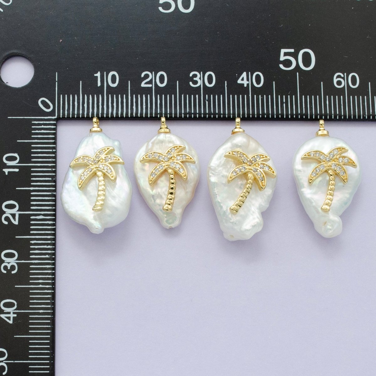 16K Gold Filled Palm Tree Micro Paved CZ Freshwater Pearl Charm | AC1331 P1561 - DLUXCA