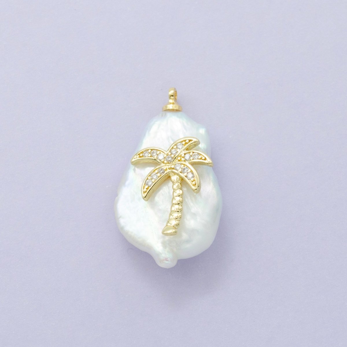 16K Gold Filled Palm Tree Micro Paved CZ Freshwater Pearl Charm | AC1331 P1561 - DLUXCA