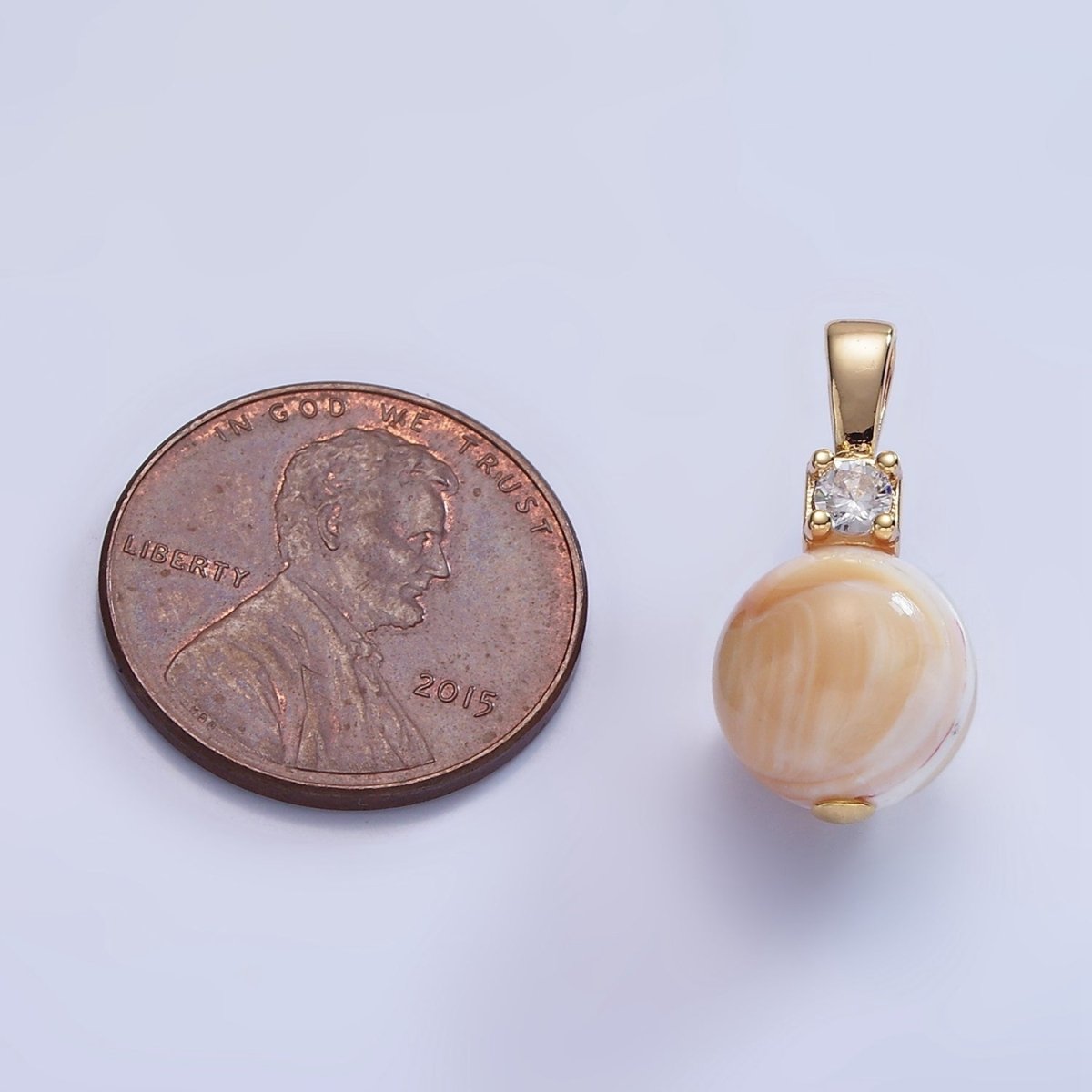 16K Gold Filled Peach Shell Pearl Round CZ Drop Pendant | P1572 - DLUXCA