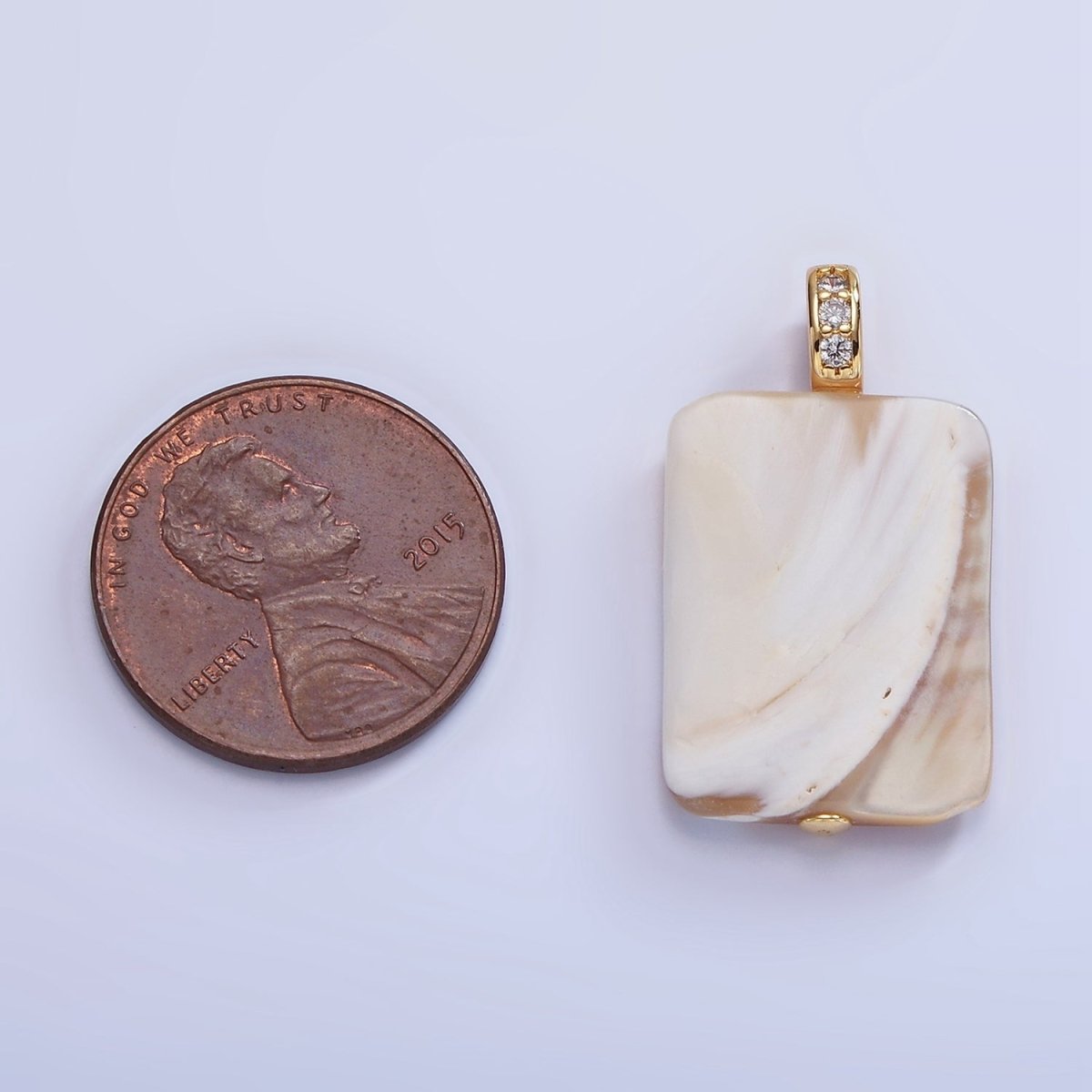 16K Gold Filled Peach White Shell Pearl Rectangle Micro Paved CZ Pendant | P1746 - DLUXCA