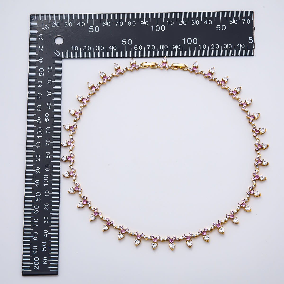 16K Gold Filled Pink Clear Heart Gradient Tennis Chain 16.5 Inch Adjustable Necklace | WA-04680 - DLUXCA