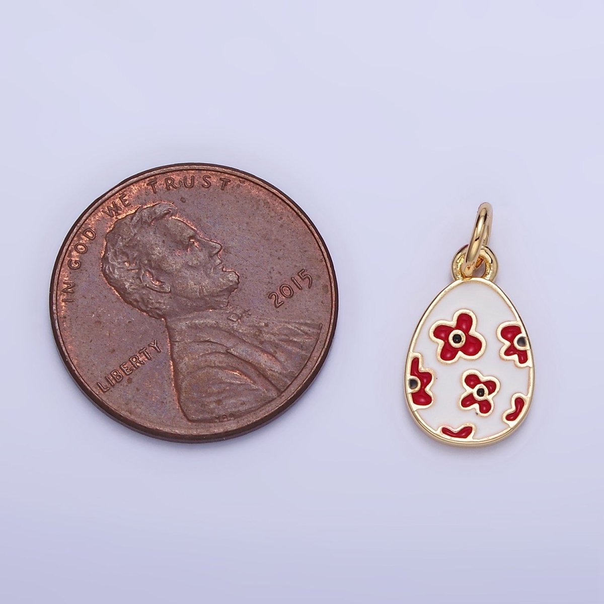 16K Gold Filled Red Flower White Enamel Easter Egg Charm | C030 - DLUXCA