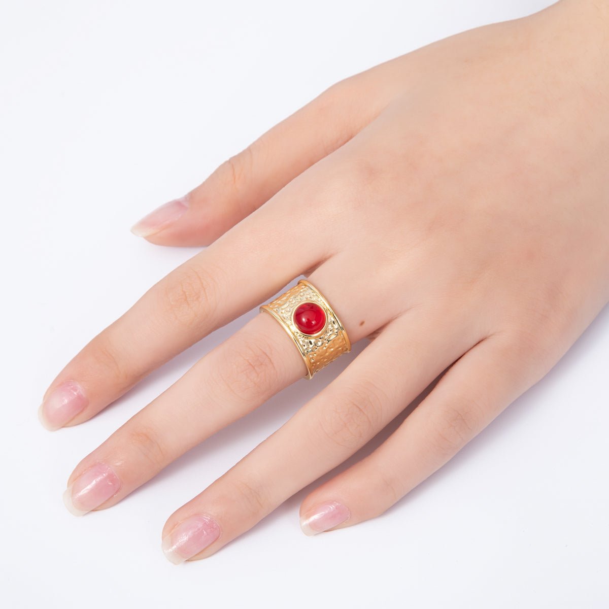 16K Gold Filled Red, Green Cabochon Gemstone Hammered Wide Band Ring | Rings - 00023 Rings - 00024 - DLUXCA