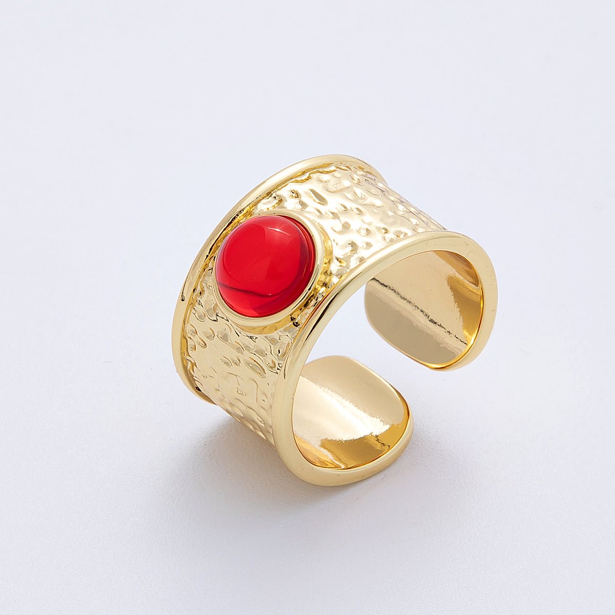 16K Gold Filled Red, Green Cabochon Gemstone Hammered Wide Band Ring | Rings - 00023 Rings - 00024 - DLUXCA