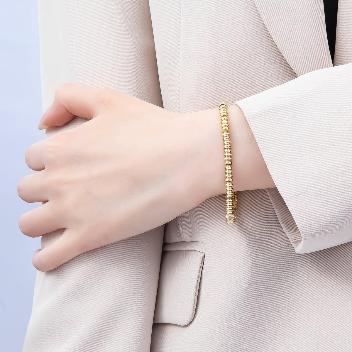 16K Gold Filled Rondelle Ribbed Geometric Link 7 Inch Adjustable Bracelet | WA - 04387 - DLUXCA