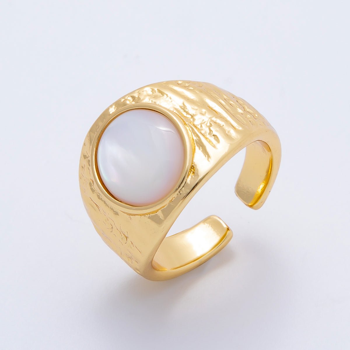 16K Gold Filled Shell Pearl Cabochon Wide Textured Hammered Signet Ring | Rings - 00091 - DLUXCA