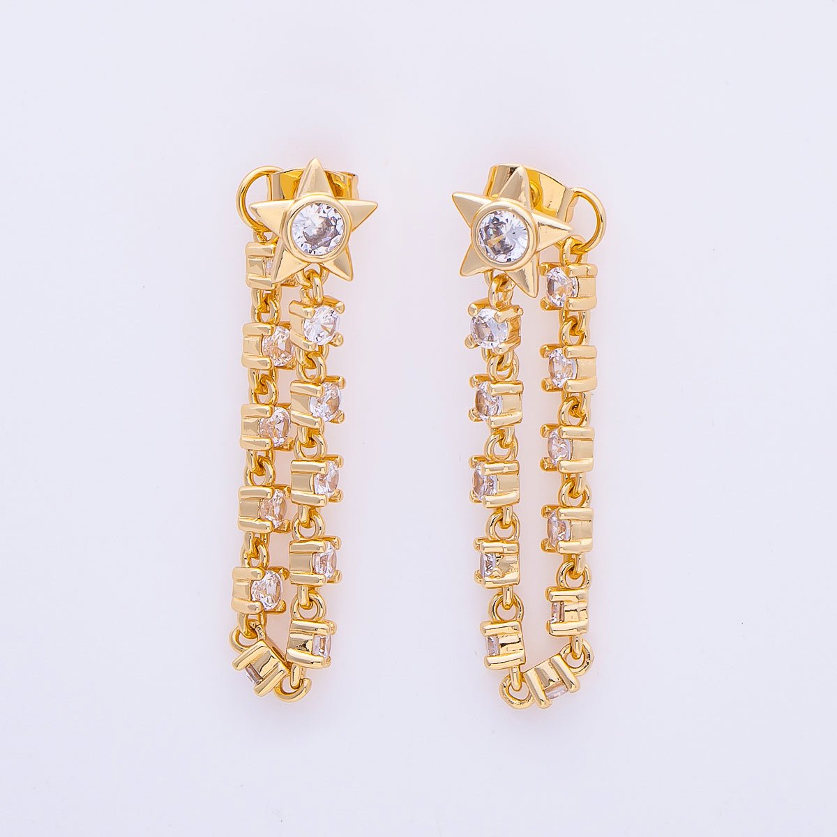 16K Gold Filled Shell Pearl Micro Paved CZ Drop Star Tassel Statement Stud Earrings | Earrings - 00299 - DLUXCA