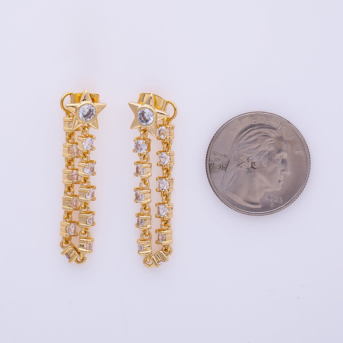 16K Gold Filled Shell Pearl Micro Paved CZ Drop Star Tassel Statement Stud Earrings | Earrings - 00299 - DLUXCA