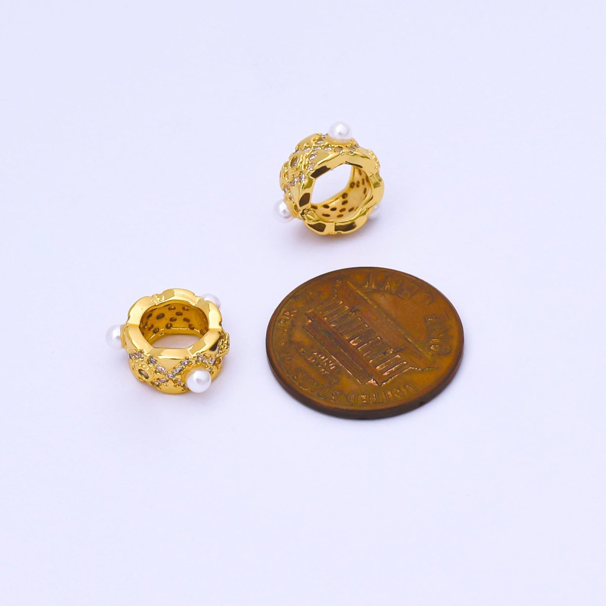 16K Gold Filled Shell Pearl Micro Paved CZ Geometric Rhondelle Bead | B136 - DLUXCA