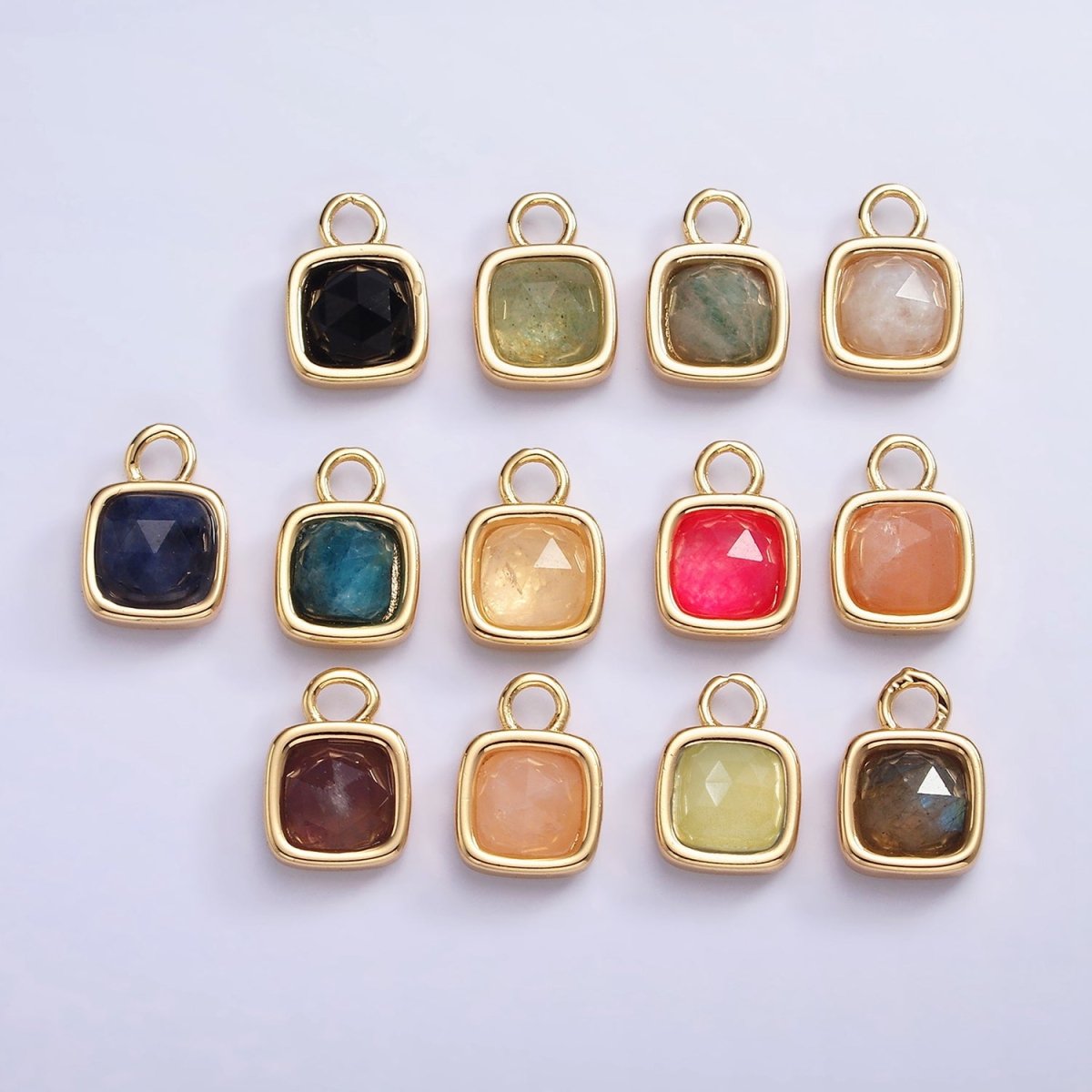 16K Gold Filled Square Multifaceted Natural Gemstone Personalized Add - On Charm | AC1466 - AC1478 - DLUXCA