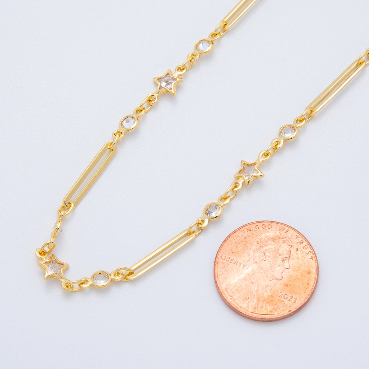 16K Gold Filled Star Round Bezel CZ Paperclip Unfinished Chain by Yard | Roll - 1616 - DLUXCA