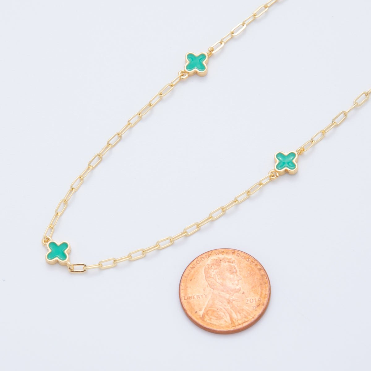 16K Gold Filled Teal Blue Quatrefoil Enamel Paperclip Unfinished Chain by Yard | Roll - 1599 - DLUXCA