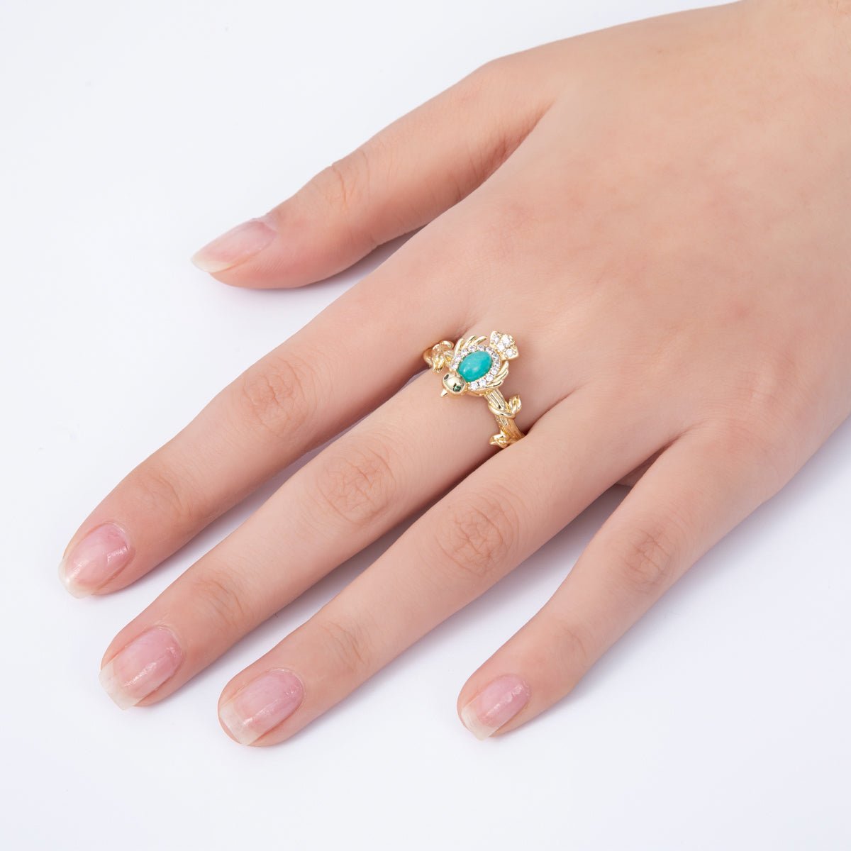 16K Gold Filled Teal, Green CZ Micro Paved CZ Bird Lead Nature Ring | Rings - 00046 Rings - 00047 - DLUXCA