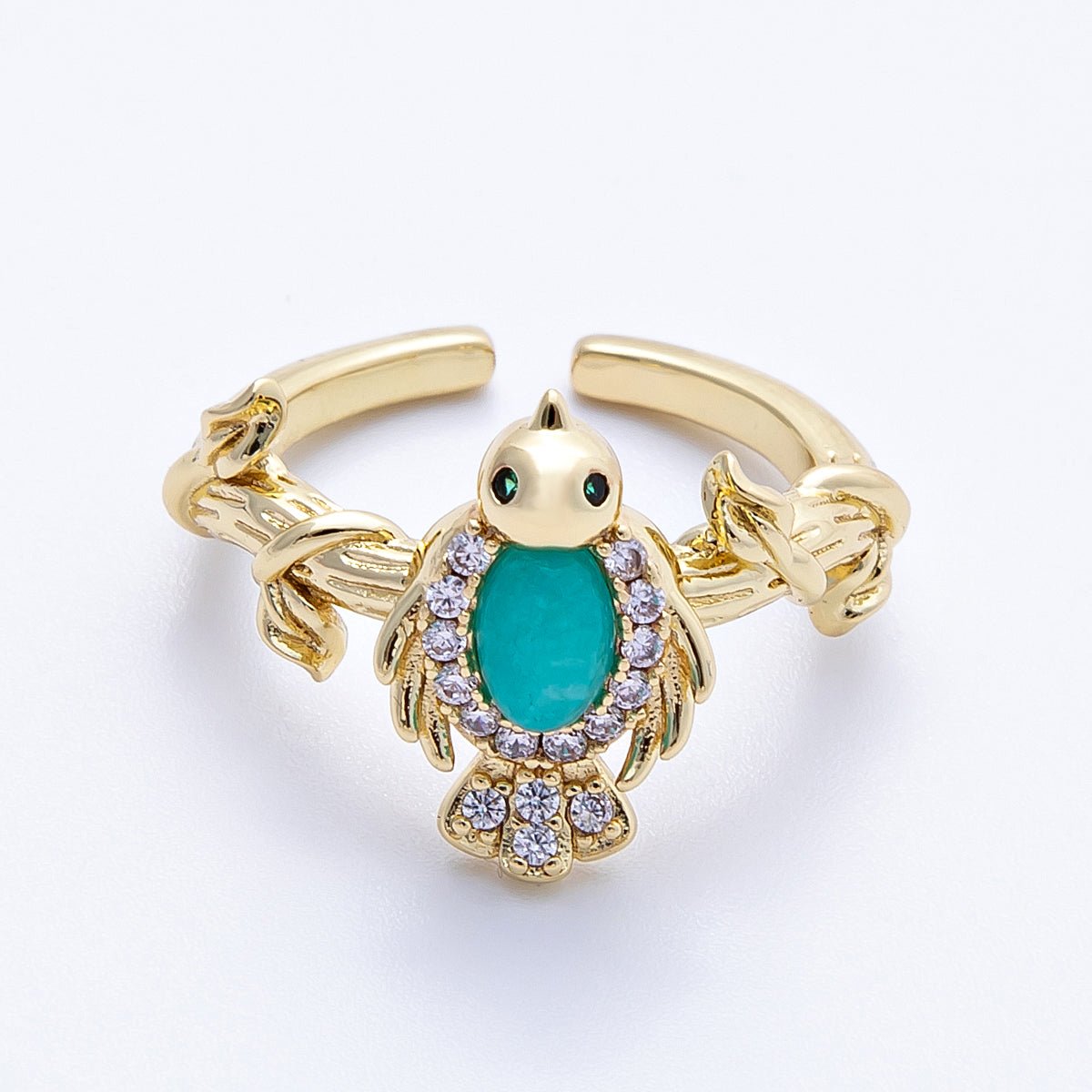 16K Gold Filled Teal, Green CZ Micro Paved CZ Bird Lead Nature Ring | Rings - 00046 Rings - 00047 - DLUXCA