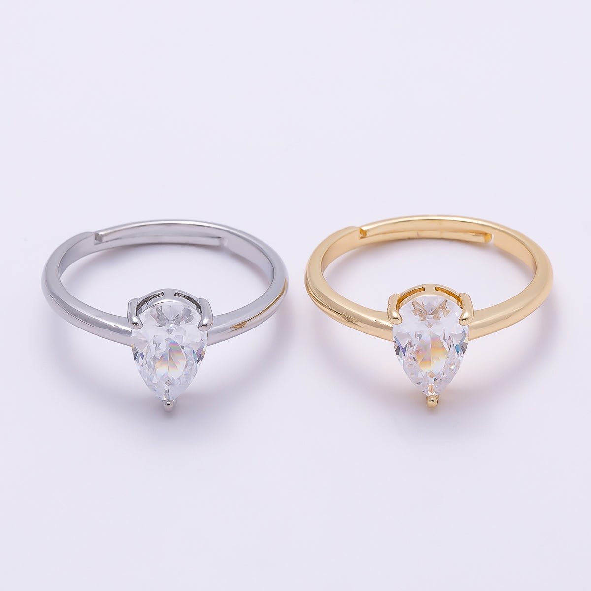16K Gold Filled Teardrop CZ Solitaire Adjustable Ring in Gold & Silver | Rings-00136 Rings-00137 - DLUXCA