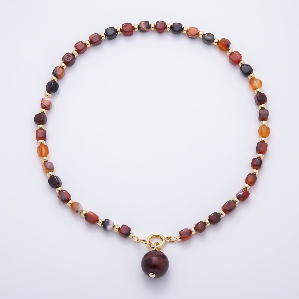 16K Gold Filled Tiger Eye Round Charm Carnelian Gemstone Chain 19 Inch Necklace w. Dual Push Gate | WA-00190 - DLUXCA
