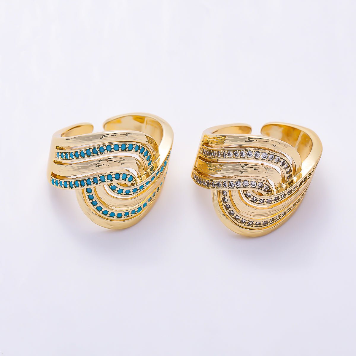 16K Gold Filled Turquoise & Clear Paved CZ Hammered Multi-Strand Wave Adjustable Ring | Rings-00373 - Rings-00374 - DLUXCA