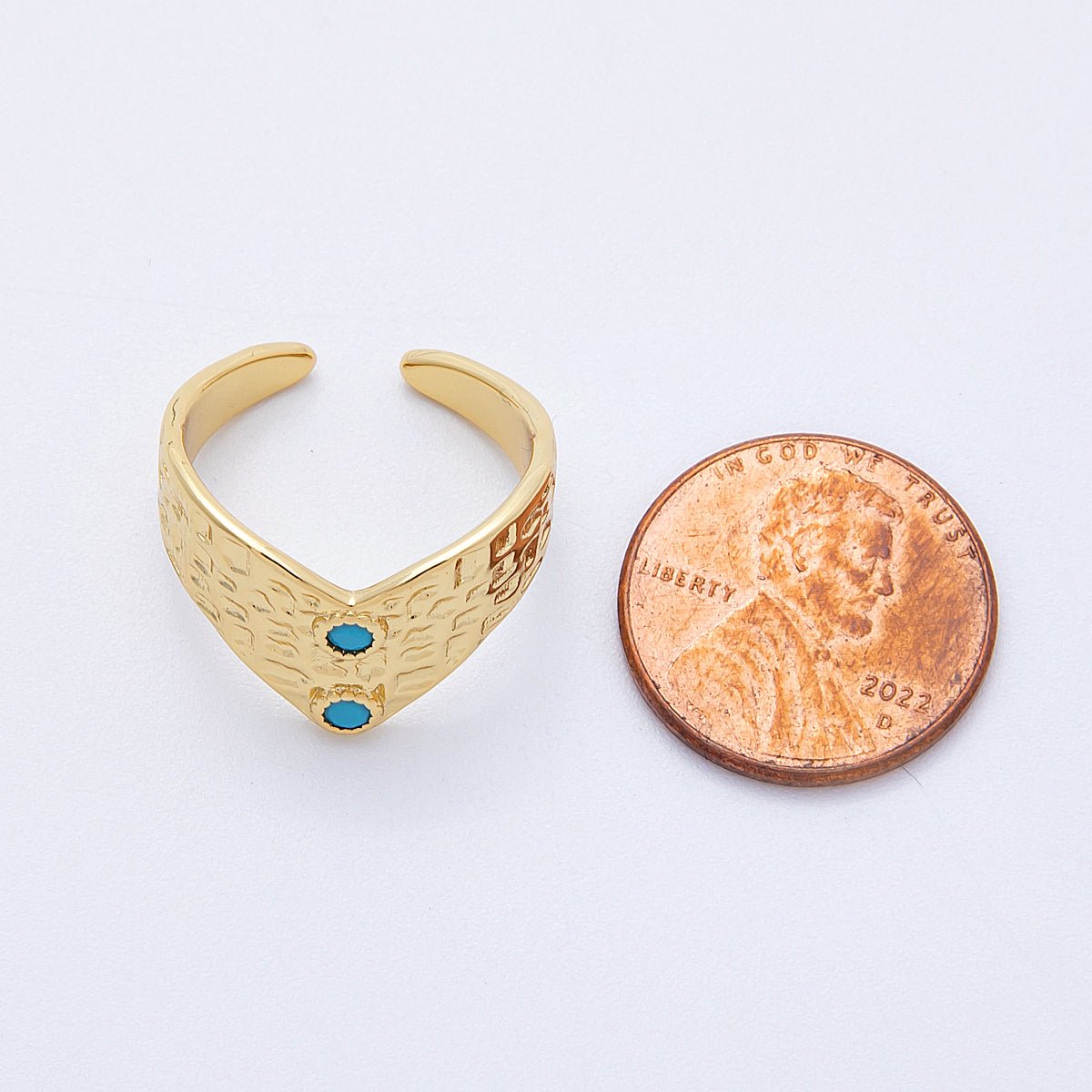 16K Gold Filled Turquoise Dotted Hammered Chevron Ring | Rings - 00029 - DLUXCA