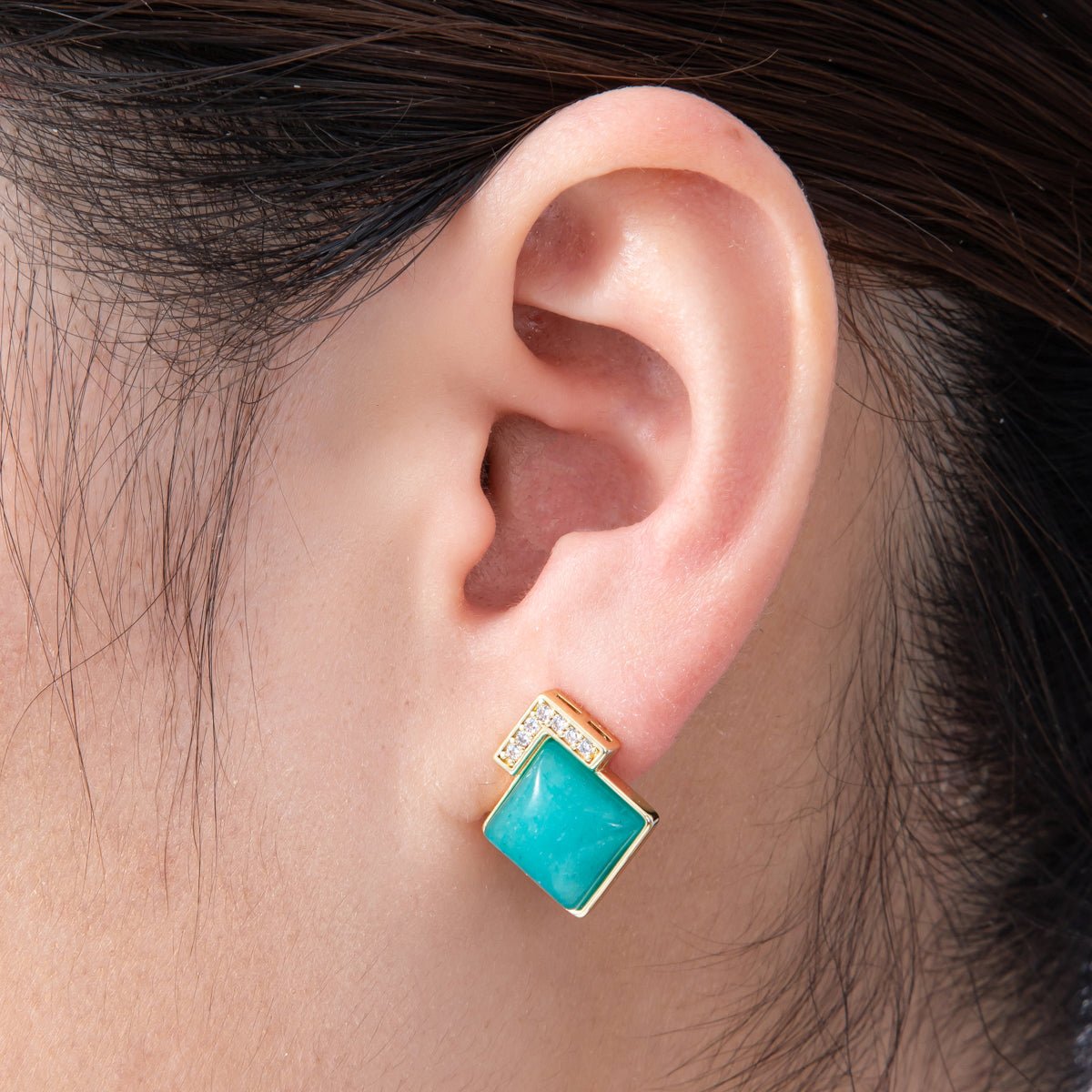 16K Gold Filled Turquoise, Pink Quartz, Lapis Lazuli Gemstone Micro Paved CZ Rhombus Studs | Earrings - 00201 ~ Earrings - 00203 - DLUXCA
