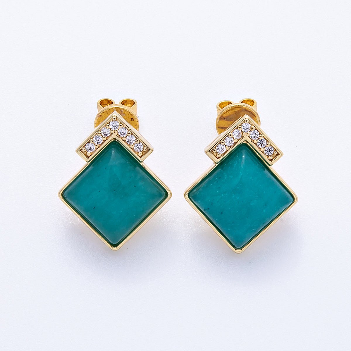16K Gold Filled Turquoise, Pink Quartz, Lapis Lazuli Gemstone Micro Paved CZ Rhombus Studs | Earrings - 00201 ~ Earrings - 00203 - DLUXCA