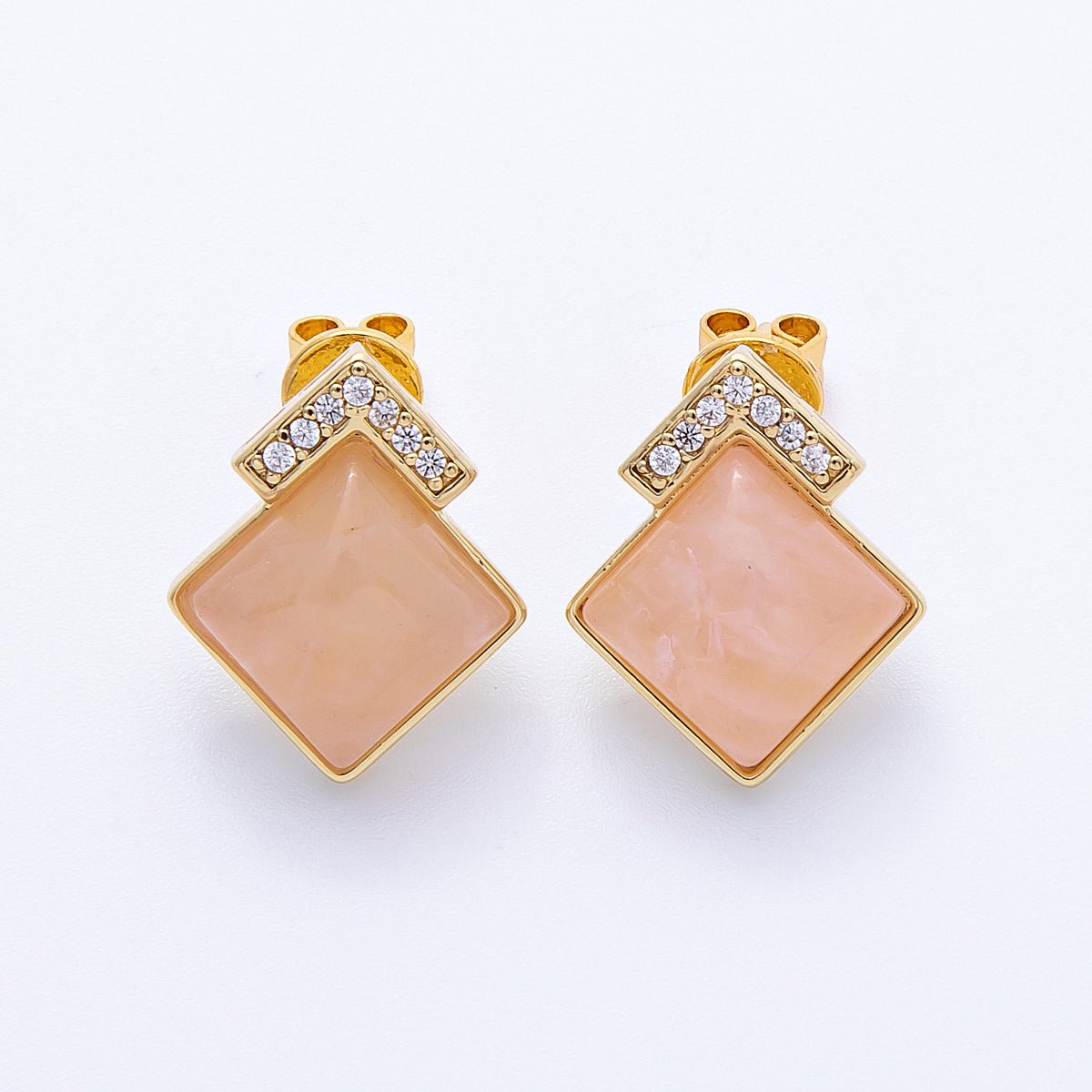 16K Gold Filled Turquoise, Pink Quartz, Lapis Lazuli Gemstone Micro Paved CZ Rhombus Studs | Earrings - 00201 ~ Earrings - 00203 - DLUXCA