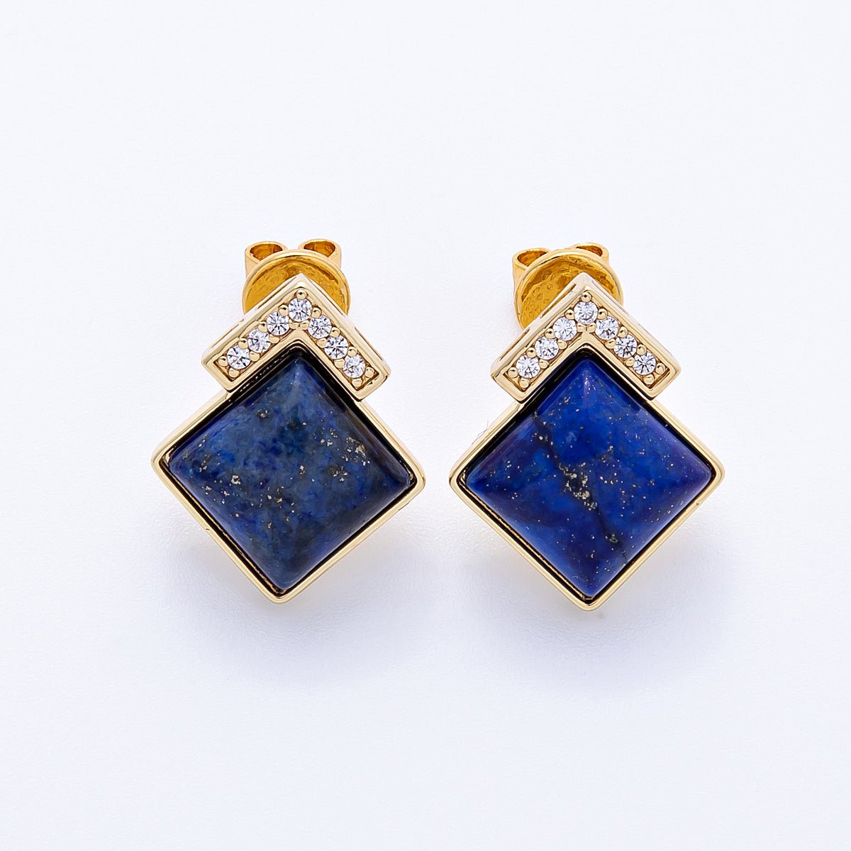 16K Gold Filled Turquoise, Pink Quartz, Lapis Lazuli Gemstone Micro Paved CZ Rhombus Studs | Earrings - 00201 ~ Earrings - 00203 - DLUXCA
