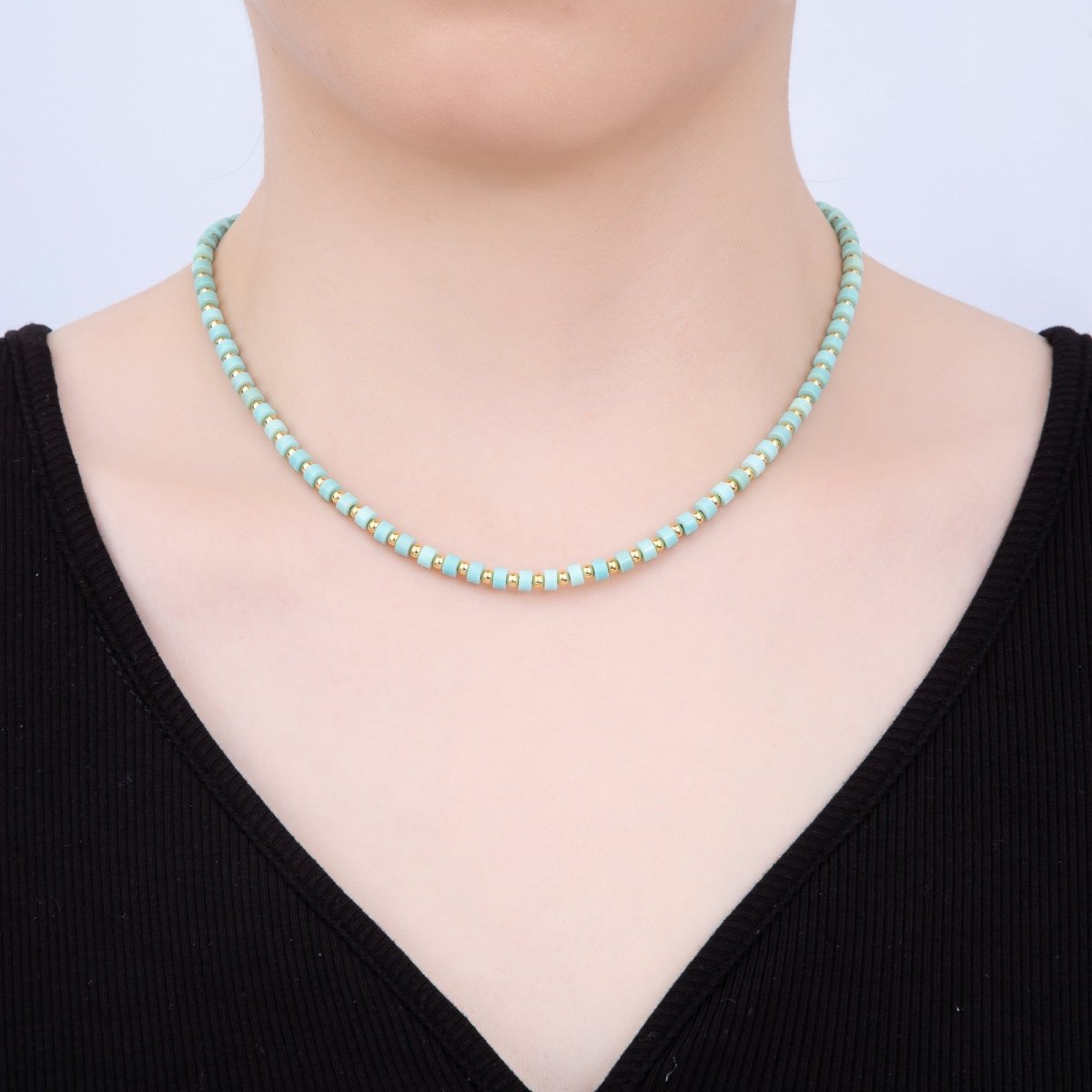 16K Gold Filled Turquoise Rondelle Tube Gemstone Bead 16 Inch Choker Necklace w Extender | WA - 04302 - DLUXCA
