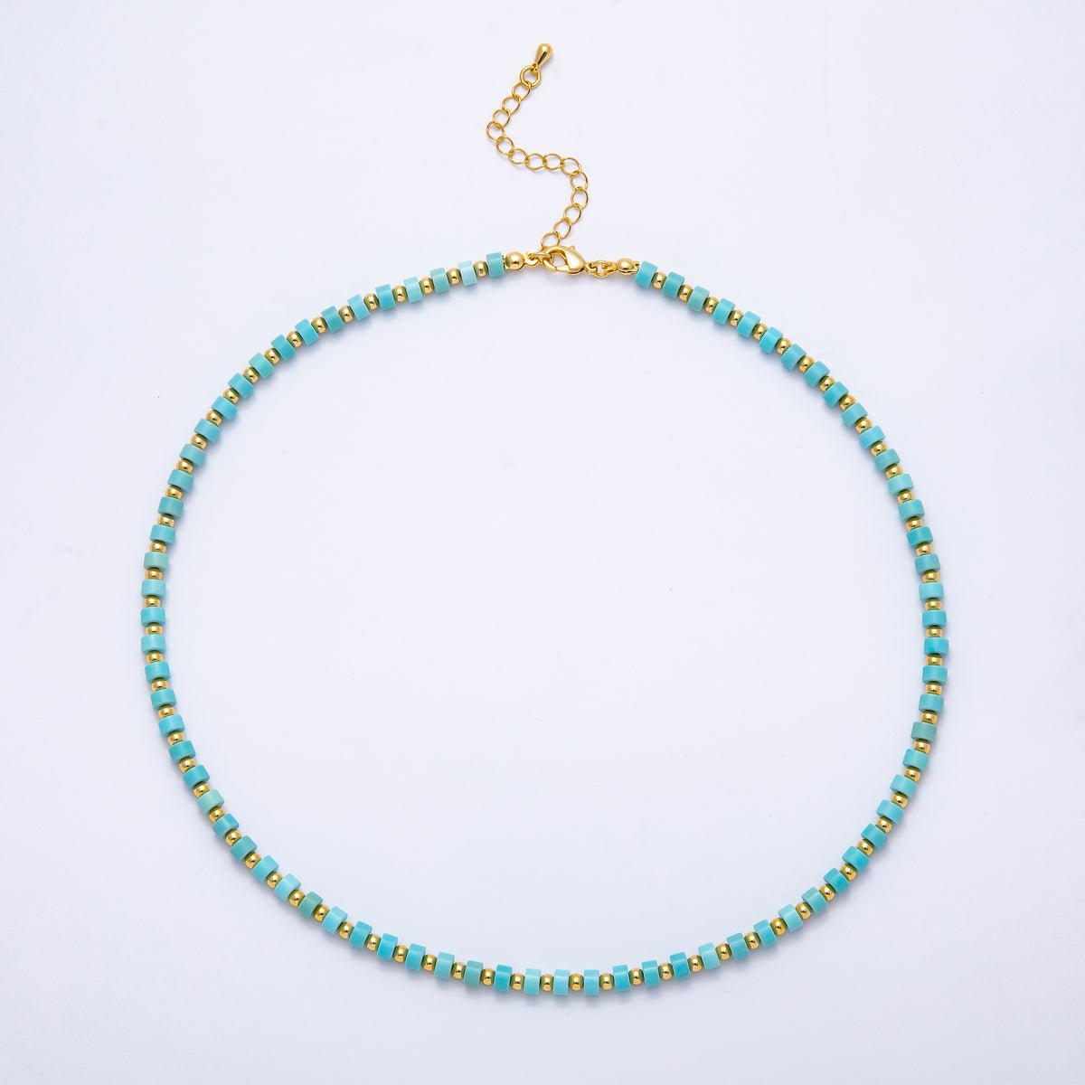 16K Gold Filled Turquoise Rondelle Tube Gemstone Bead 16 Inch Choker Necklace w Extender | WA - 04302 - DLUXCA