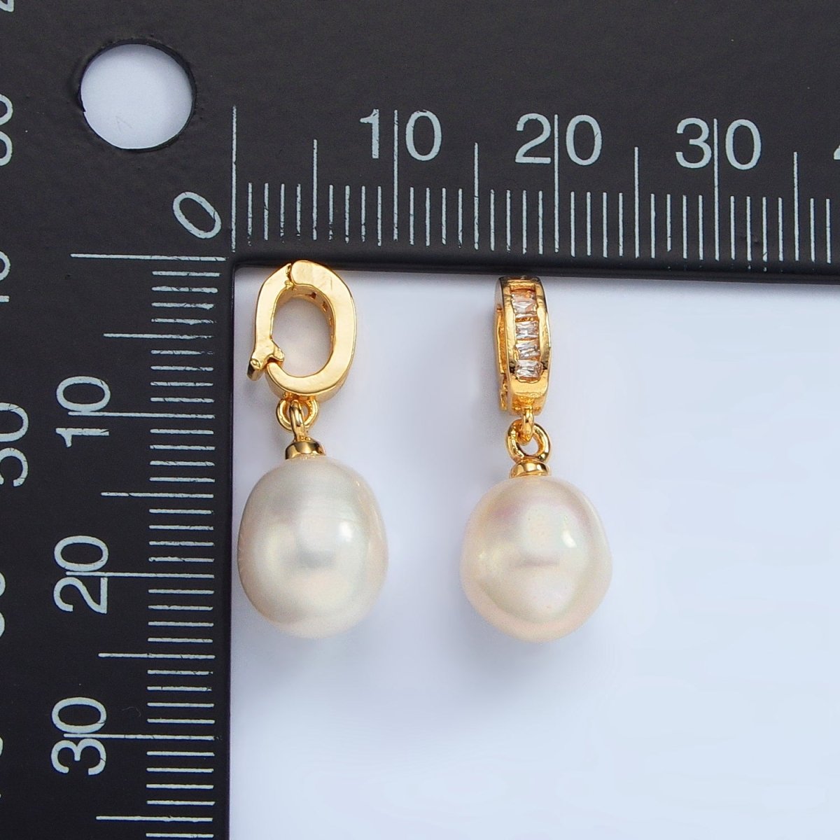 16K Gold Filled White Freshwater Pearl Baguette CZ Snap Latch Pendant | P1873 - DLUXCA
