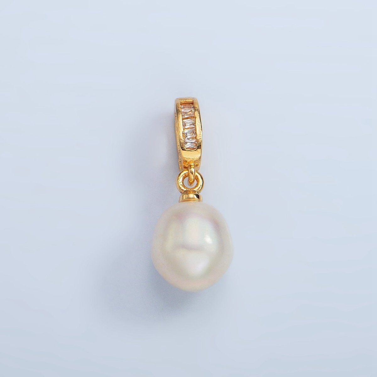 16K Gold Filled White Freshwater Pearl Baguette CZ Snap Latch Pendant | P1873 - DLUXCA