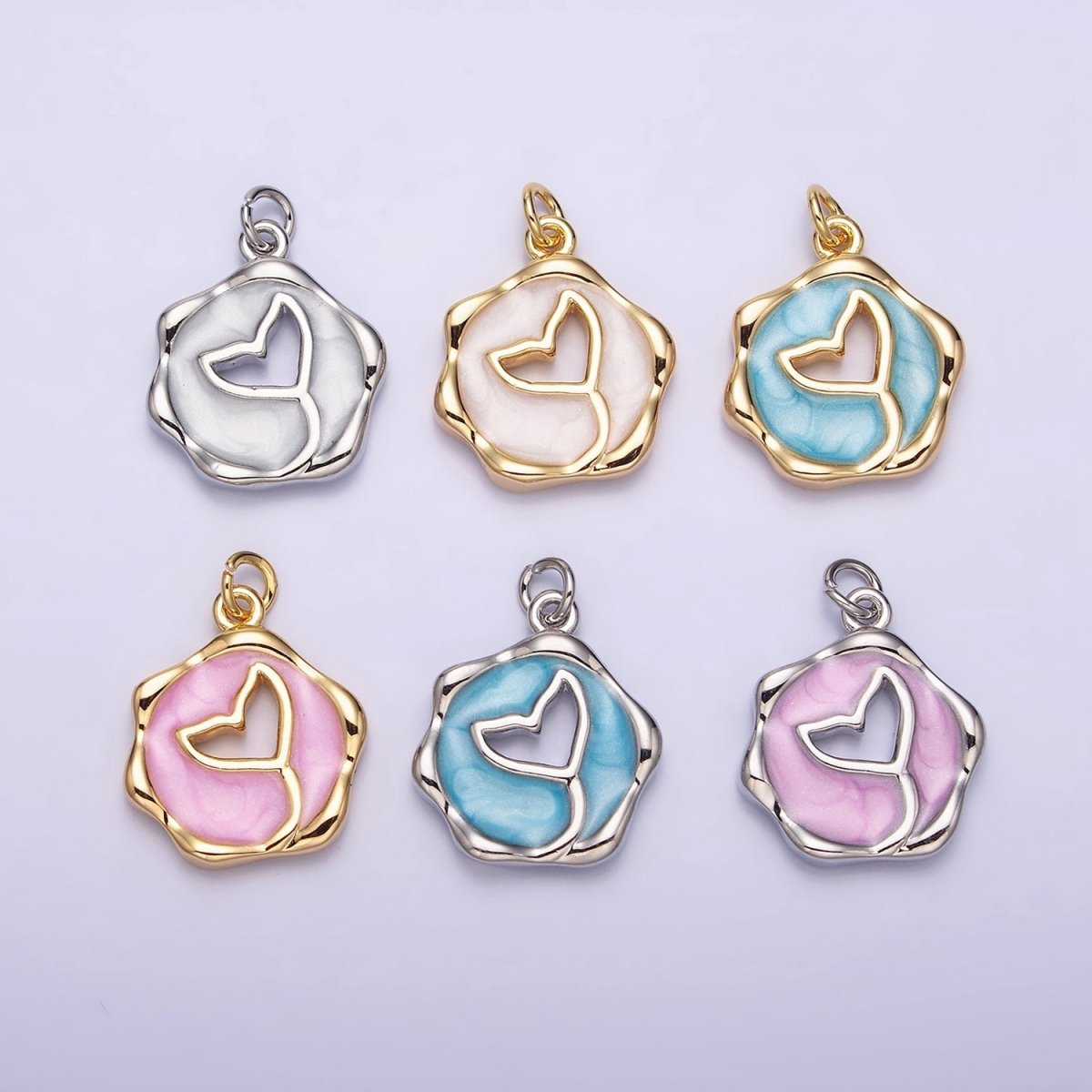 16K Gold Filled White, Pink, Blue Ocean Whale Tail Glitter Enamel Stamped Round Charm in Gold & Silver | AC1093 - AC1098 - DLUXCA