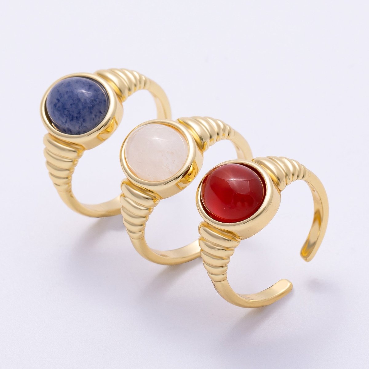 16K Gold Filled White Quartz, Kyanite, Carnelian Cabochon Gemstone Croissant Ring | RINGS - 00080 - RINGS - 00082 - DLUXCA