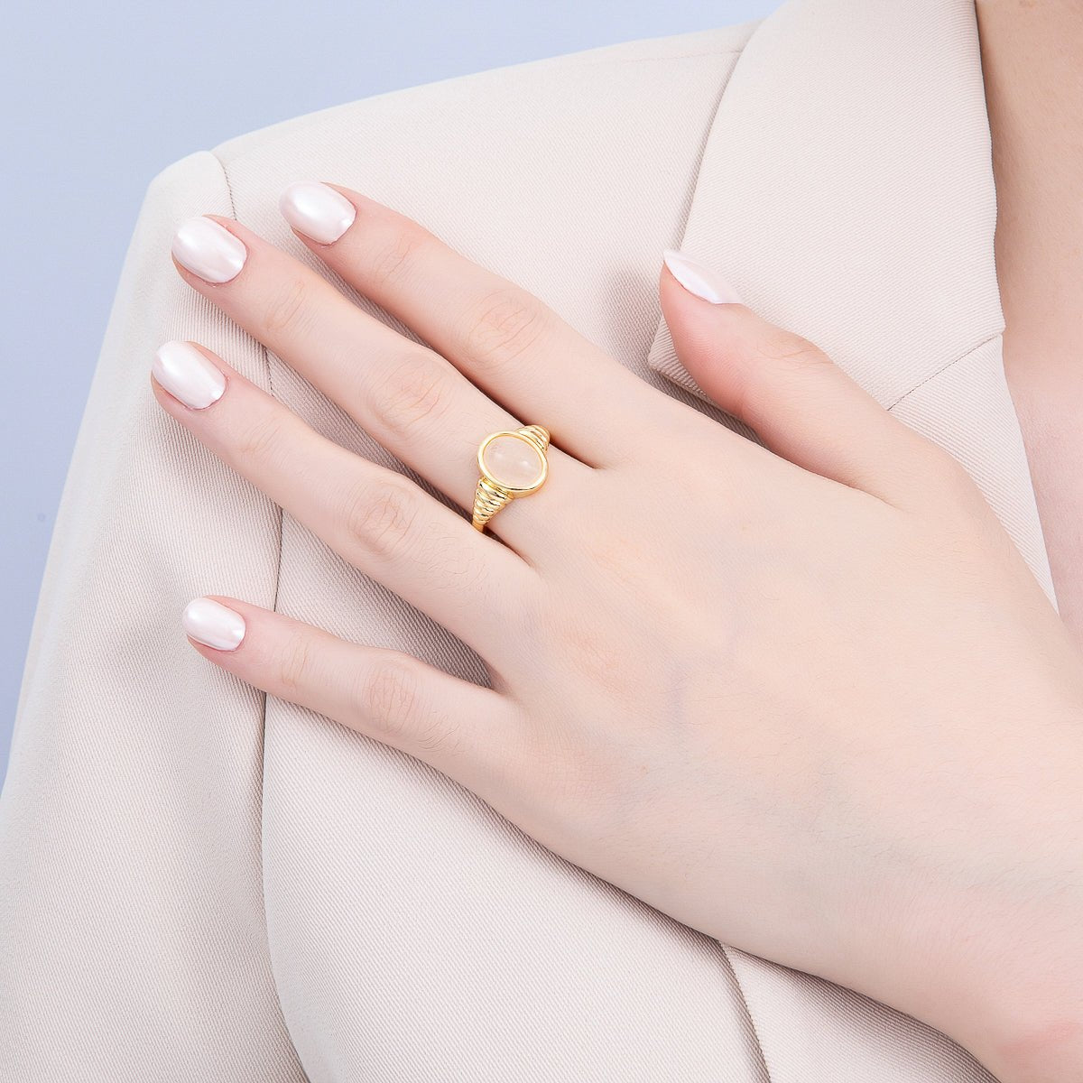 16K Gold Filled White Quartz, Kyanite, Carnelian Cabochon Gemstone Croissant Ring | RINGS - 00080 - RINGS - 00082 - DLUXCA