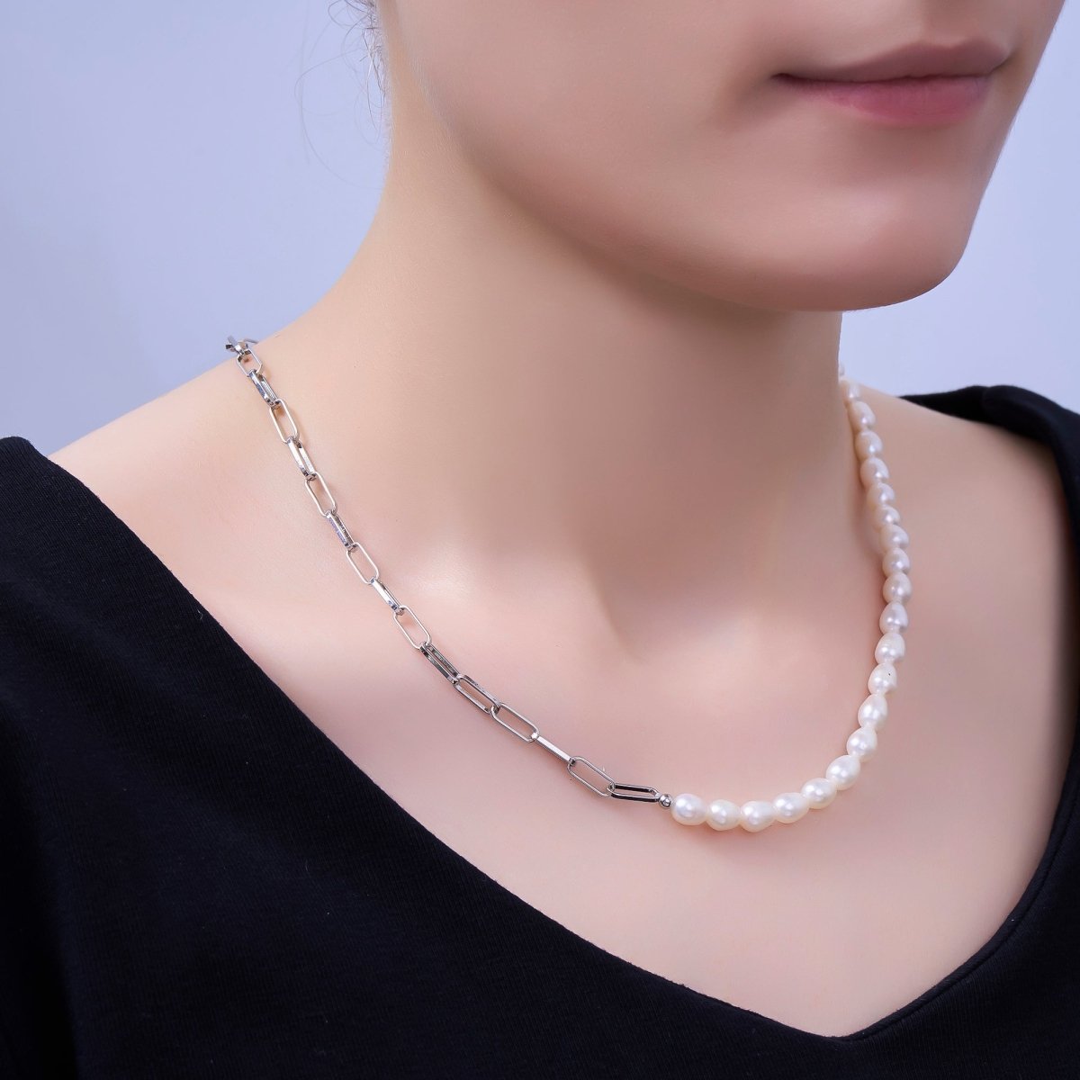 17 Inch Half Paperclip Chain, Half 5.3mm Freshwater Pearl Necklace | WA - 1467 Clearance Pricing - DLUXCA