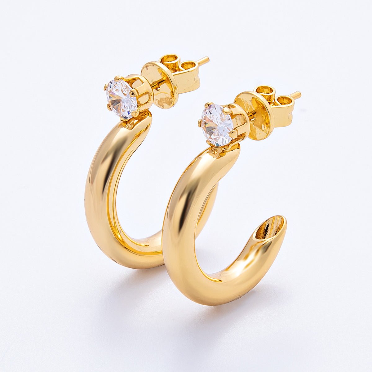 18K 25mm Clear CZ C-Shaped Hoop Earrings | Earrings-151 - DLUXCA