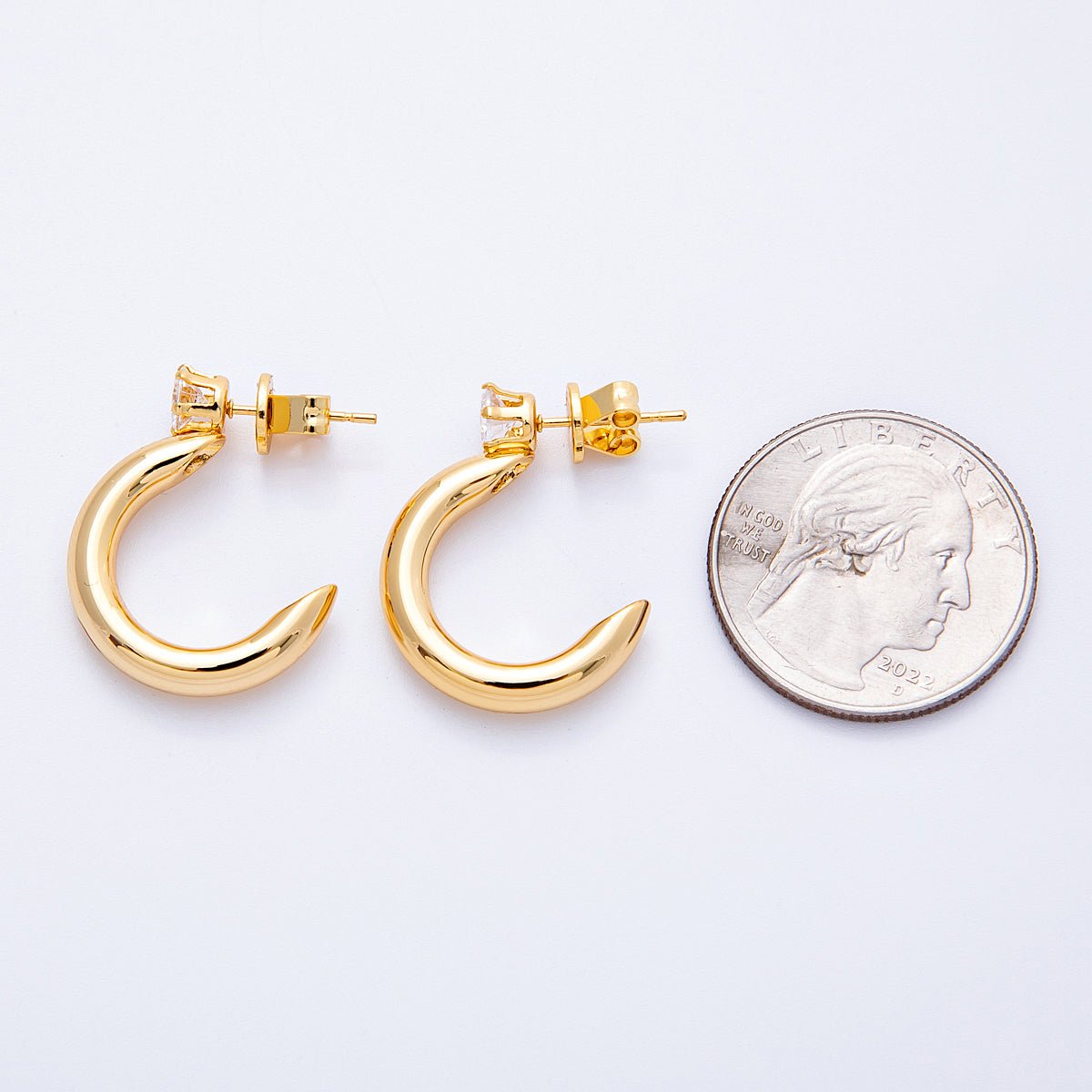 18K 25mm Clear CZ C-Shaped Hoop Earrings | Earrings-151 - DLUXCA