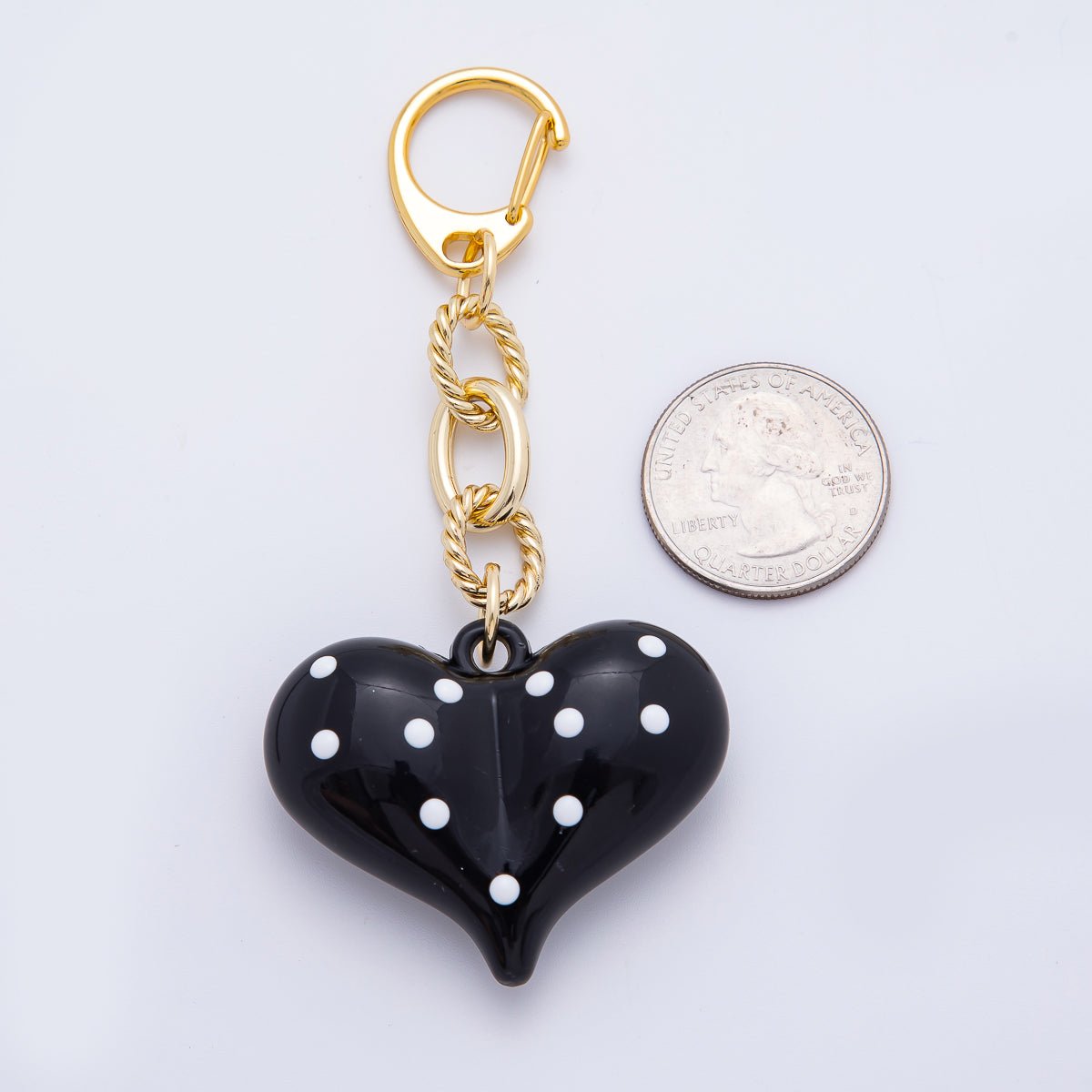 18K Gold Filled 100mm Black Polka Dotted Chubby Heart Twisted Cable Chain Drop Keychain Accessories | WB - 00128 - DLUXCA